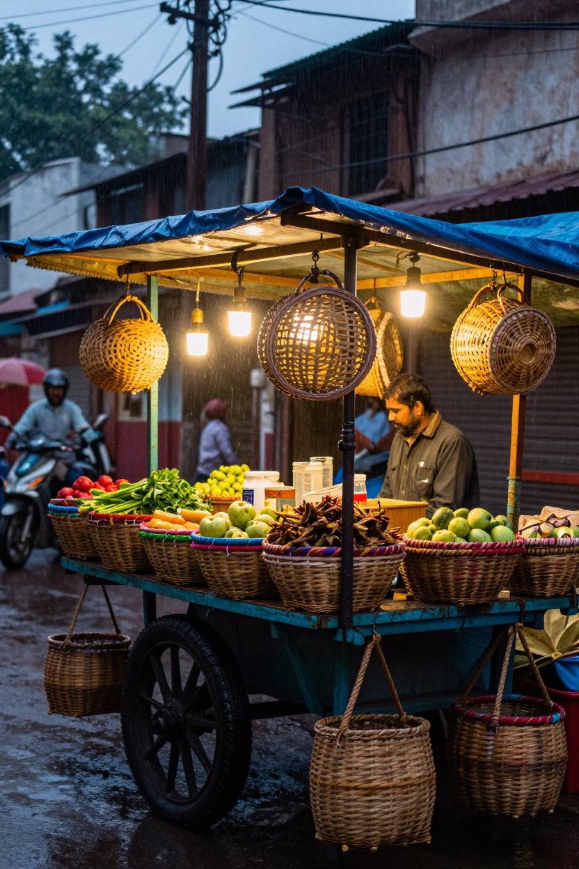 Colorful Street Stall with Woven Baskets Amidst Delhi Dusk Rain in in Delhi, India