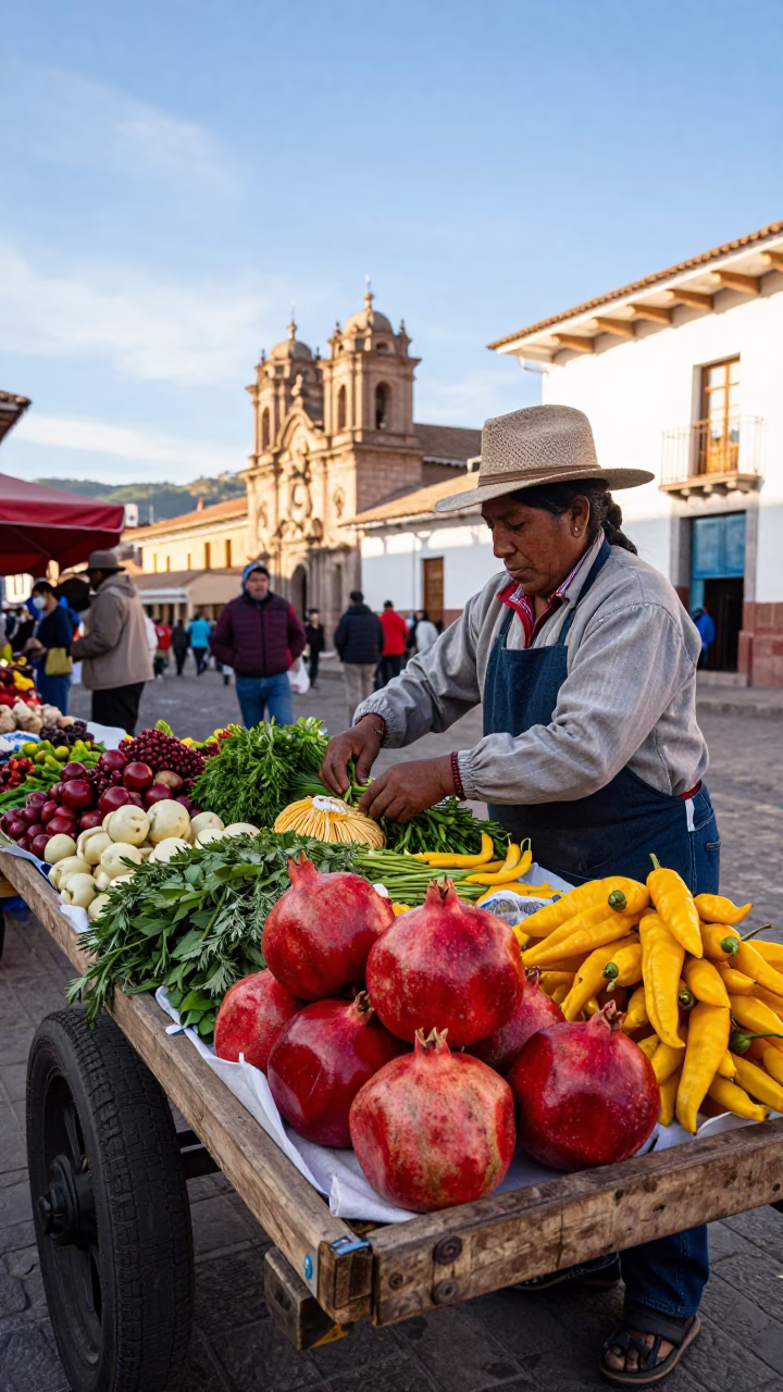 Colorful Street Vendor Display in Cusco Peru Afternoon Market Scene in in Cusco, Peru
