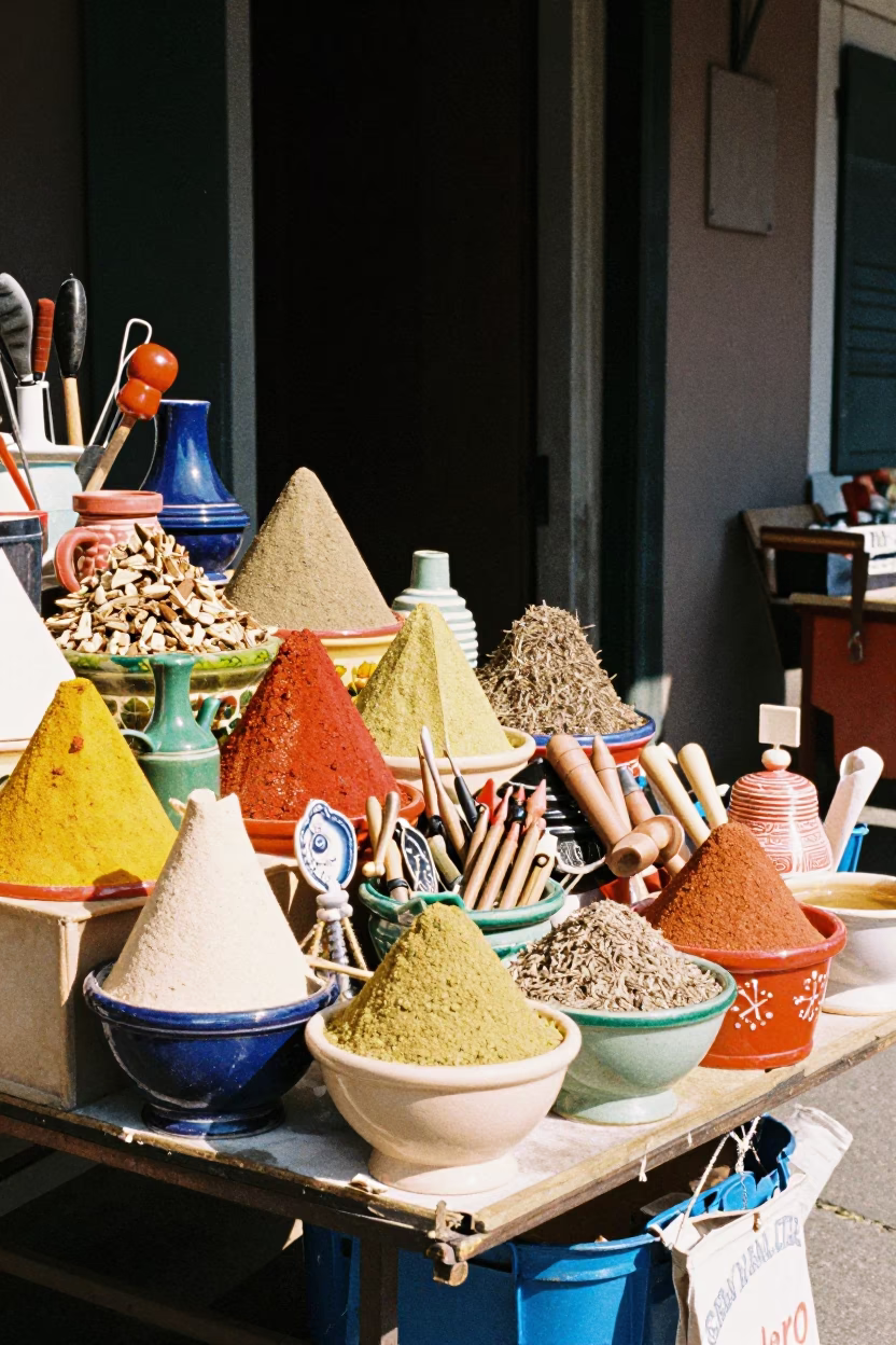 Colorful Street Vendor Display of Spices and Tools Under New Orleans Noon Sunlight in in New Orleans, Louisiana, United States