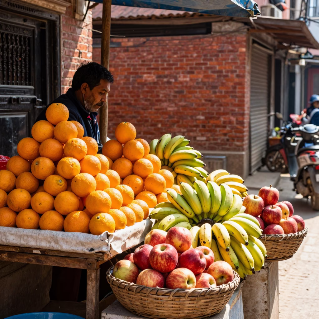 Colorful Street Vendor Fruit Stall in Kathmandu Nepal Bright Midmorning Light in in Kathmandu, Nepal