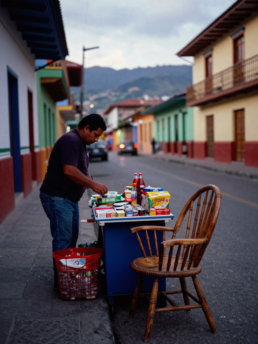 Colorful Street Vendor in Medellin Colombia Evening Scene with Spindle Chair in in Medellin, Colombia