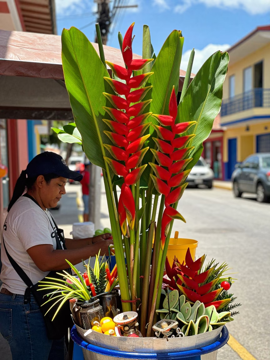 Colorful Street Vendor in Medellin Colombia Midmorning Light with Heliconia Flowers in in Medellin, Colombia
