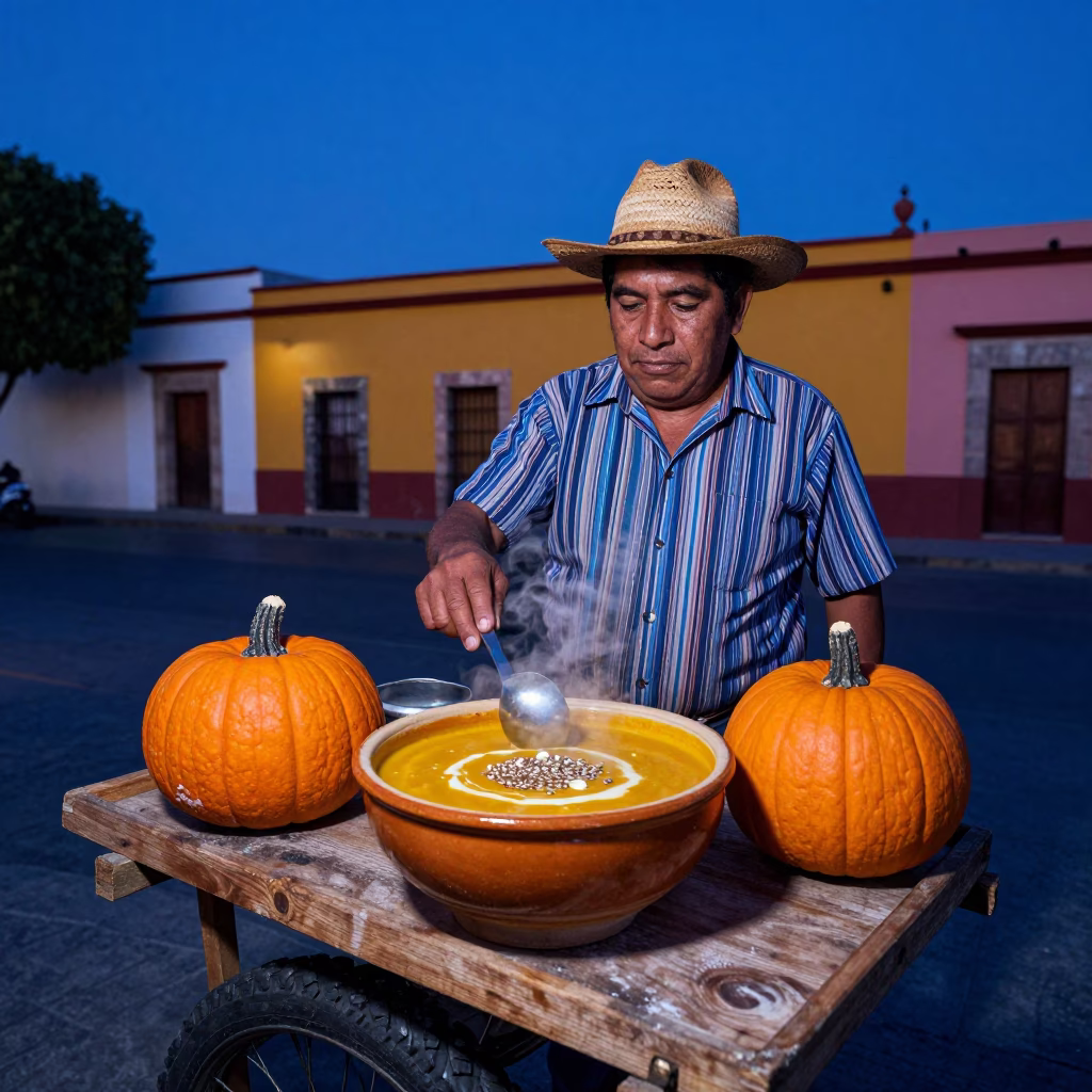 Colorful Street Vendor in Oaxaca Mexico Serving Pumpkin Soup with Pepitas During Indigo Twilight in in Oaxaca, Mexico