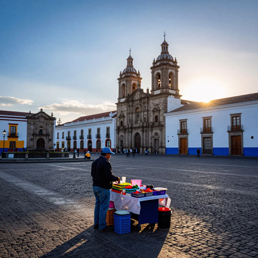 Colorful Street Vendor in Quito Ecuador Early Evening with Blue White Porcelain Bowl in in Quito, Ecuador