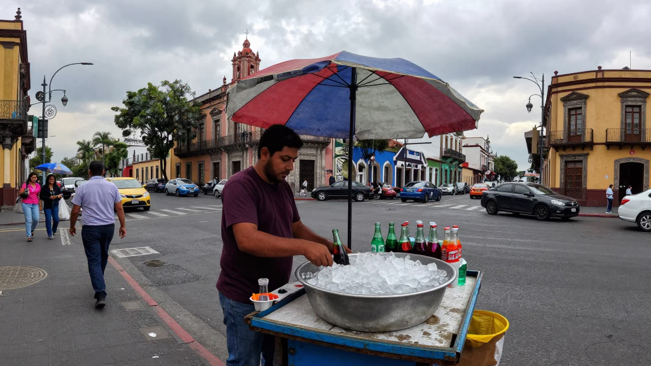 Colorful Street Vendor Preparing Refreshments Under Gray Mexico City Sky in in Mexico City, Mexico