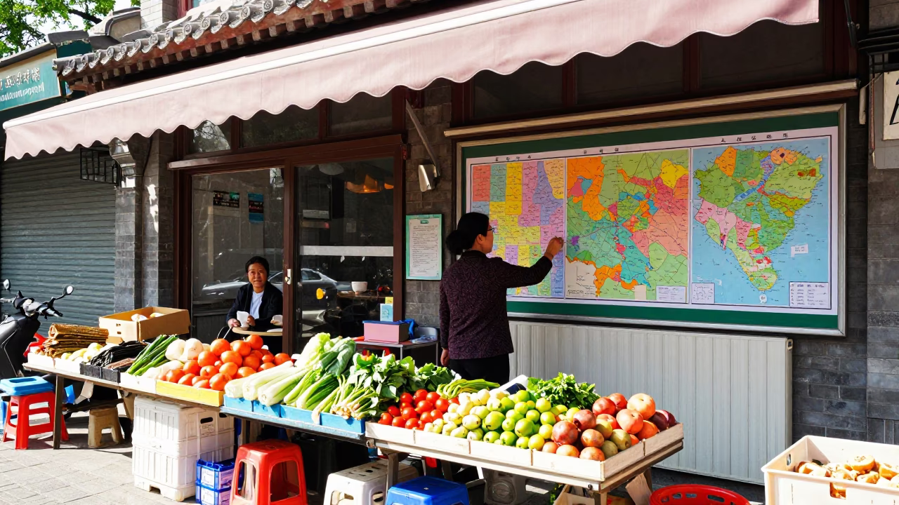 Colorful Street Vendor Scene in Beijing China with Maps and Glass Basin in in Beijing, China