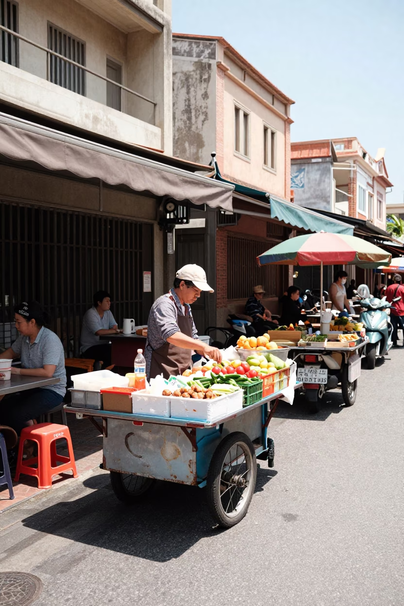 Colorful Street Vendor Scene in Tainan Taiwan Under Flat Noon Sunlight in in Tainan, Taiwan