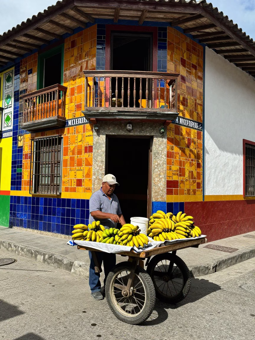 Colorful Street Vendor Selling Bananas in Medellin Colombia Midday Light in in Medellin, Colombia