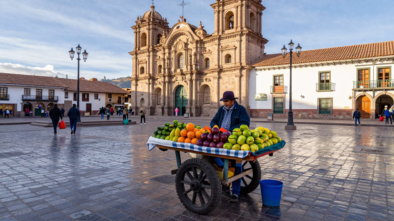Colorful Street Vendor Selling Fresh Fruit in Cusco Peru Early Afternoon in in Cusco, Peru