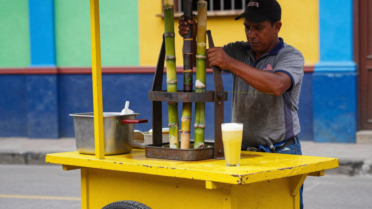 Colorful Street Vendor Selling Fresh Sugarcane Juice in Medellin Colombia Midday in in Medellin, Colombia
