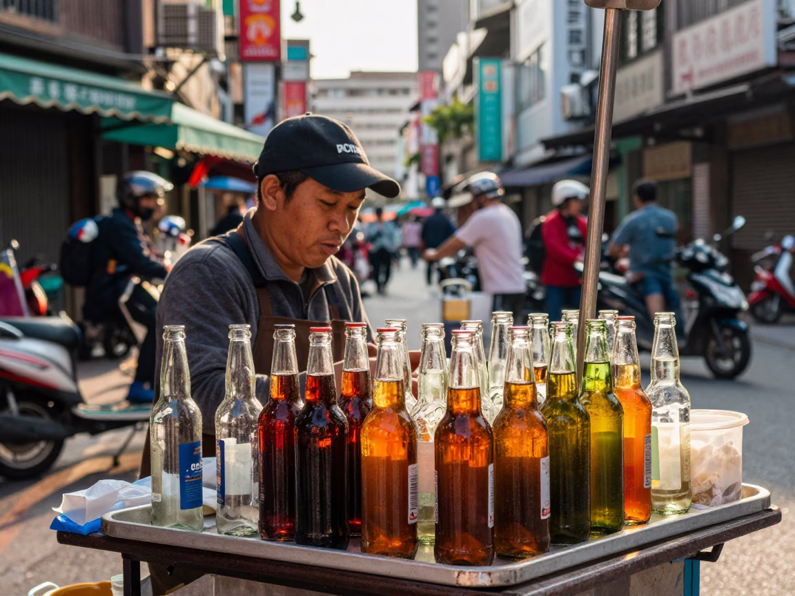 Colorful Street Vendor Selling Glass Bottles in Kaohsiung Early Afternoon in in Kaohsiung, Taiwan