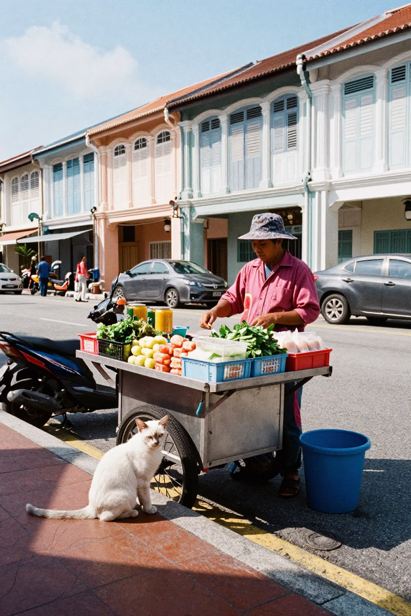 Colorful Street Vendor Selling Local Treats in George Town Malaysia Midmorning in in George Town, Malaysia