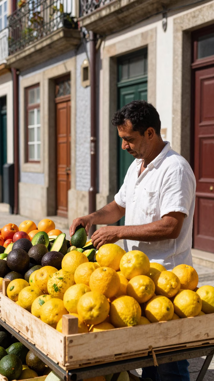 Colorful Street Vendor Serving Avocados and Fresh Fruit in Historic Porto Portugal Midday in in Porto, Portugal