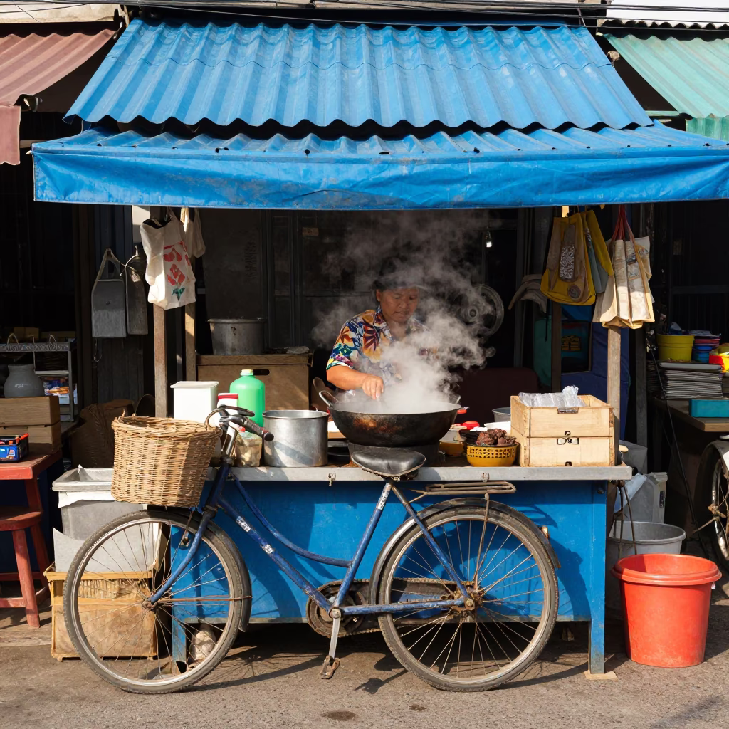 Colorful Street Vendor Stall in Chiang Mai Thailand with Bicycle and Cooking Pot in in Chiang Mai, Thailand