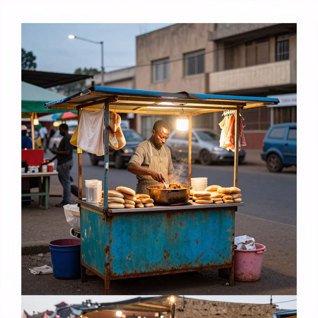 Colorful Street Vendor Stall in Johannesburg Early Evening with Rusty Metal and Local Activity in in Johannesburg, South Africa