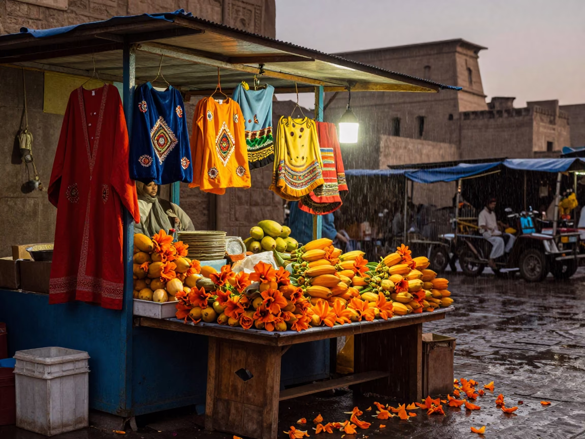 Colorful Street Vendor Stall in Luxor During Light Rain at Dusk in in Luxor, Egypt