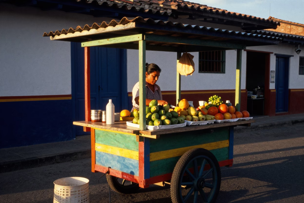 Colorful Street Vendor Stall in Medellin After Sunrise Morning Light in in Medellin, Colombia
