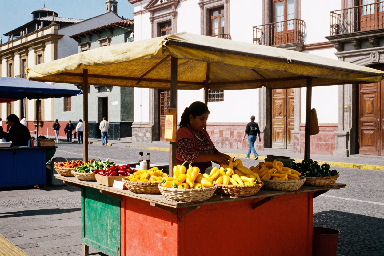 Colorful Street Vendor Stall in Quito Ecuador Under Flat Noon Light in in Quito, Ecuador
