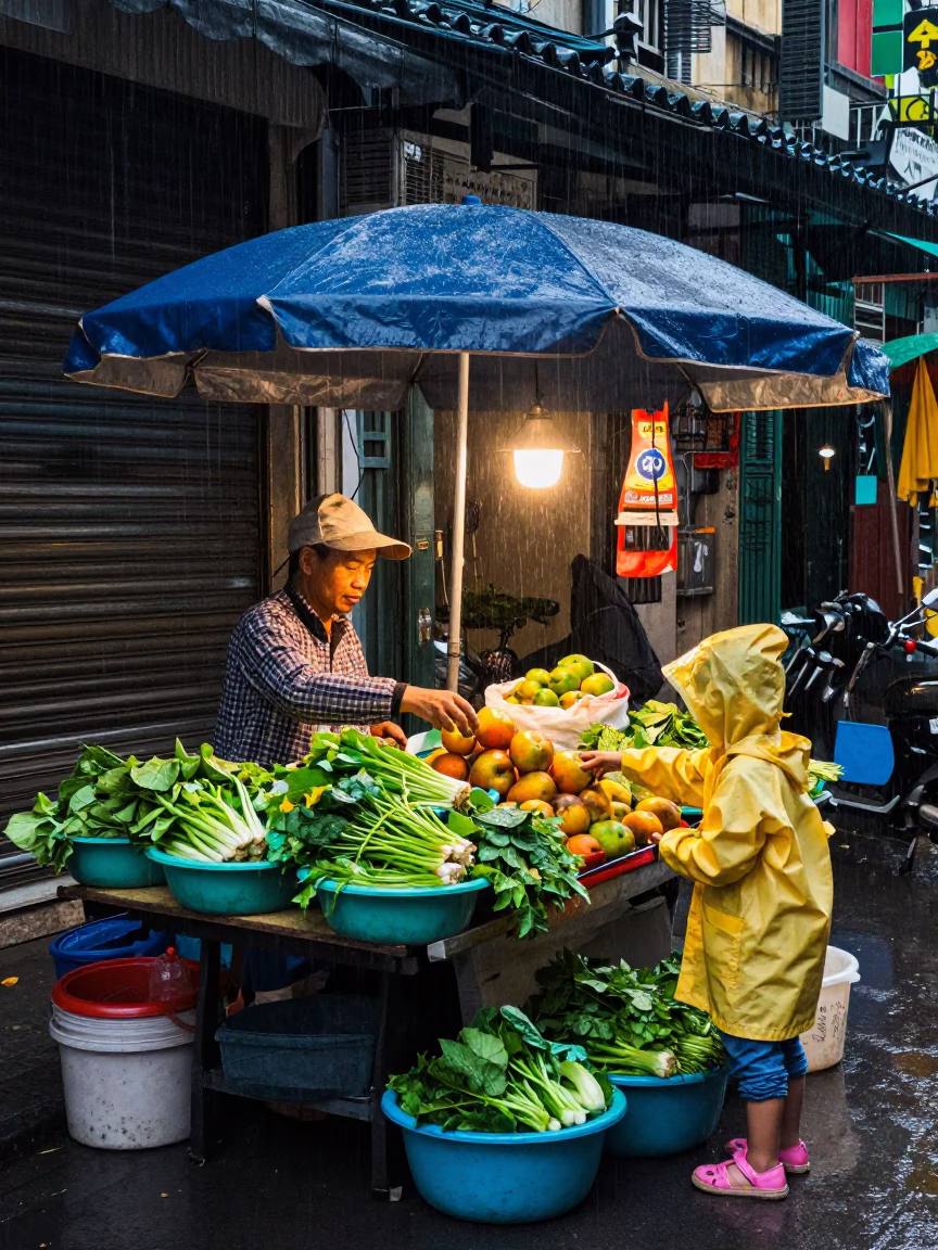 Colorful Street Vendor Stall Under Dusk Rain in Hanoi Vietnam in in Hanoi, Vietnam