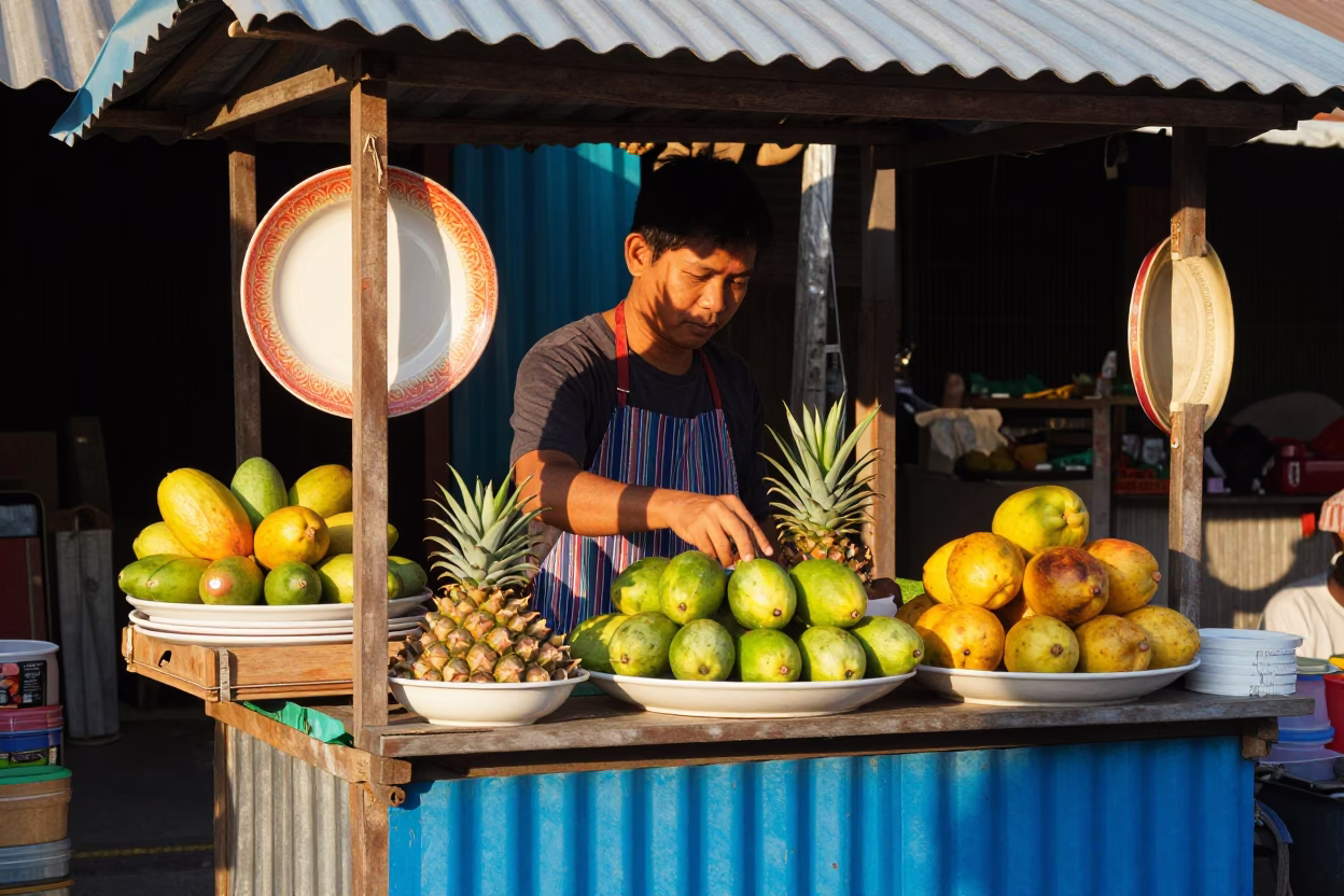 Colorful Street Vendor Stall with Ceramic Plate and Spoon in Late Morning Phuket Thailand in in Phuket, Thailand