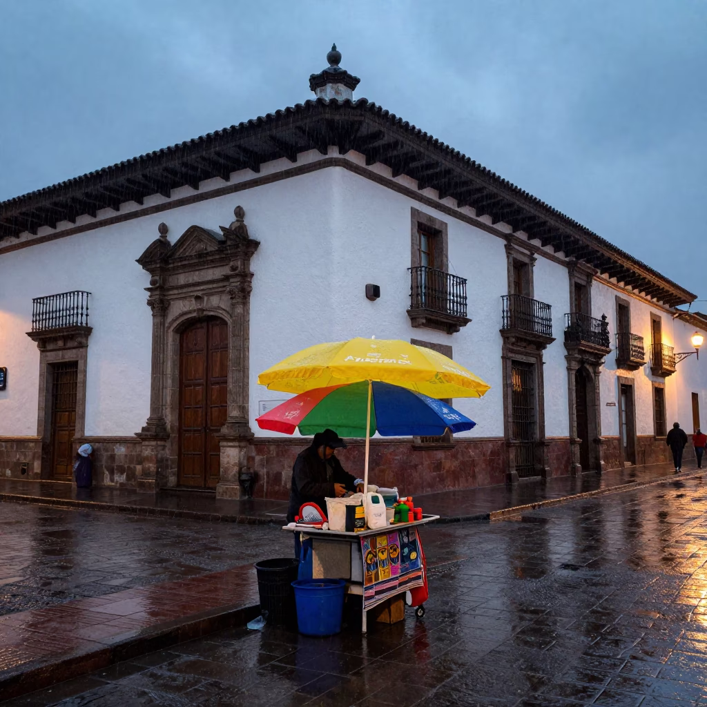 Colorful Street Vendor Umbrella Sheltering Rain in Quito Ecuador Dusk in in Quito, Ecuador