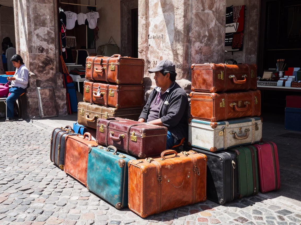 Colorful Suitcases and Prayer Beads on Oaxaca Market Bench at Midday in in Oaxaca, Mexico