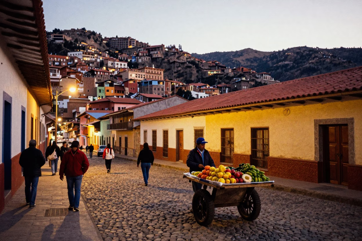 Colorful Summer Evening Street Scene in La Paz Bolivia with Local Life in in La Paz, Bolivia
