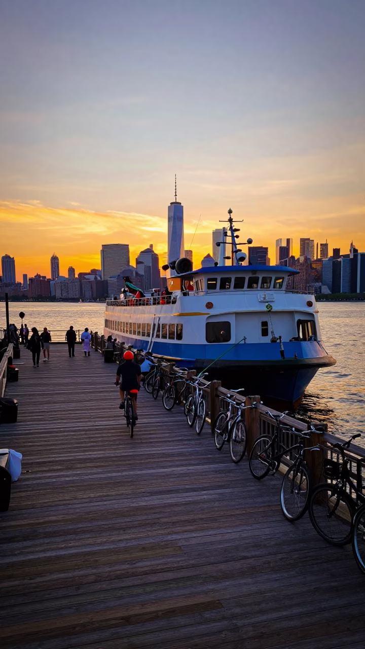 Colorful Sunset Ferry Loading Passengers and Bicycles at New York City Dock in in New York, New York, United States