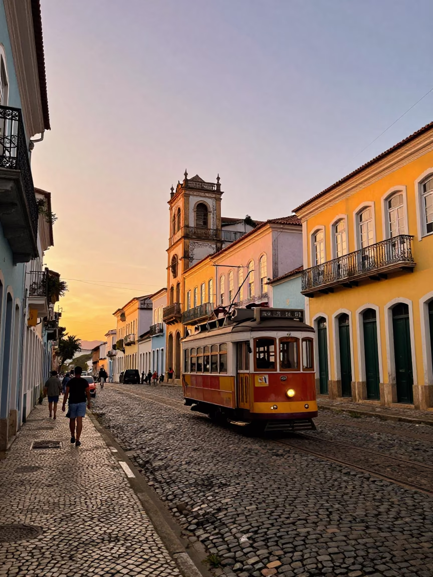 Colorful Sunset Scene in Salvador Brazil with Heritage Tram on Cobblestone Avenue in in Salvador, Brazil