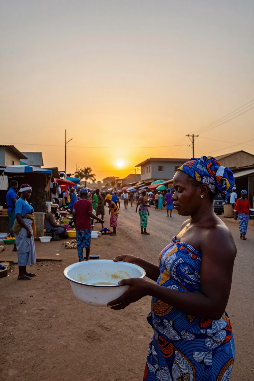 Colorful Sunset Street Scene in Accra Ghana with Local Market Activity and Traditional Elements in in Accra, Ghana