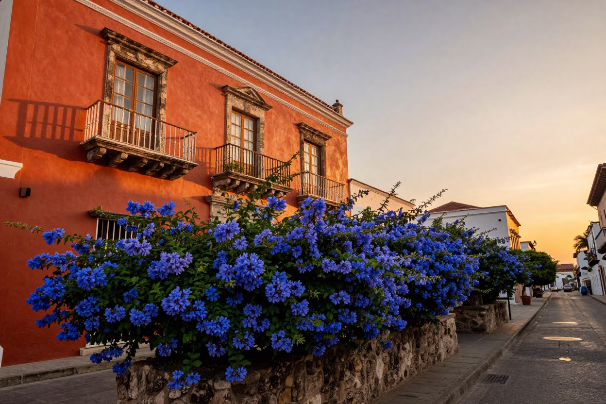 Colorful Sunset Street Scene in Cartagena Colombia with Plumbago Hedge in in Cartagena, Colombia