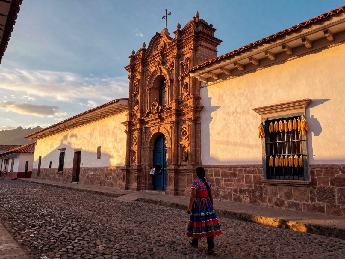 Colorful Sunset Street Scene in Cusco Peru with Traditional Architecture and Local Life in in Cusco, Peru