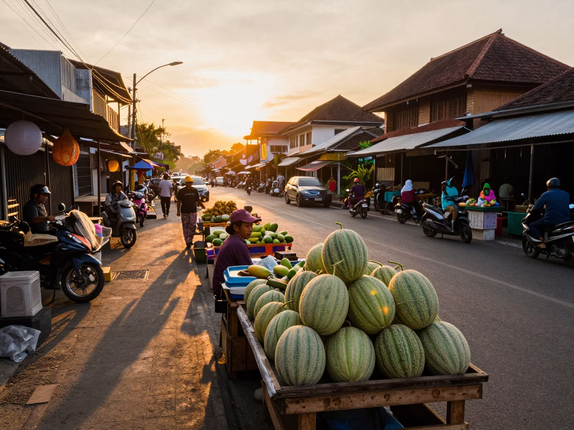 Colorful Sunset Street Scene in Denpasar Indonesia with Melons and Traditional Plates in in Denpasar, Indonesia