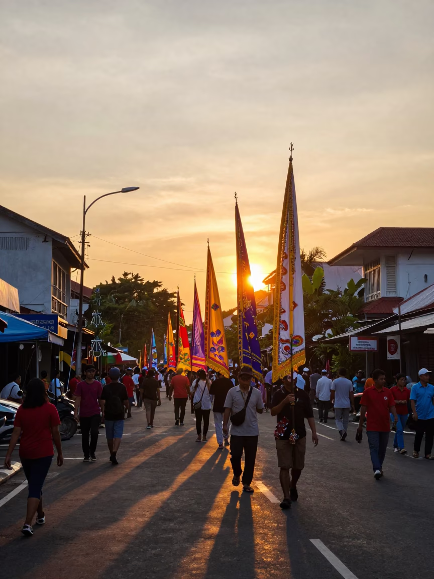 Colorful Sunset Street Scene in Denpasar Indonesia with Traditional Banners and Local Life in in Denpasar, Indonesia