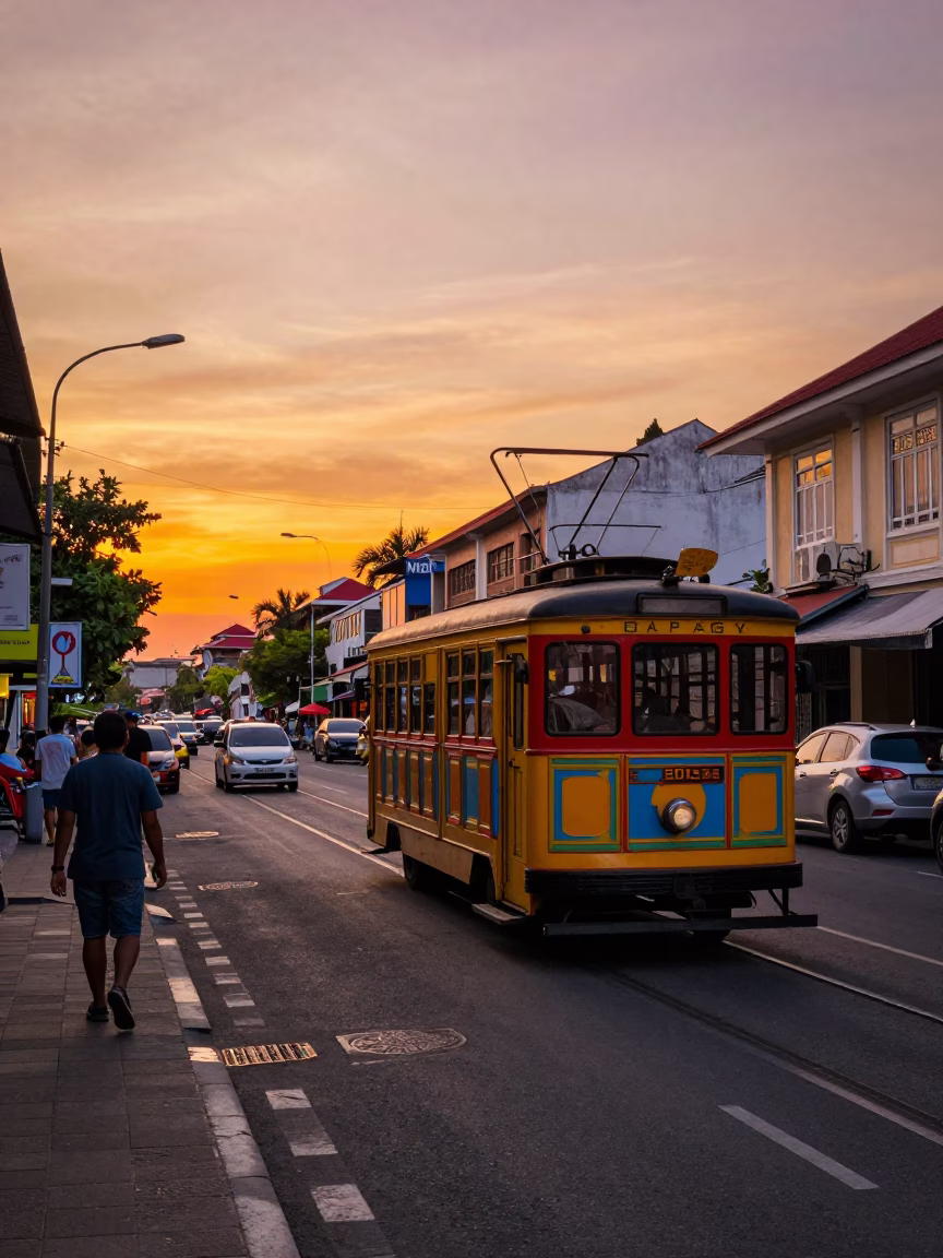 Colorful Sunset Street Scene in Denpasar Indonesia with Vintage Trolley and Local Life in in Denpasar, Indonesia