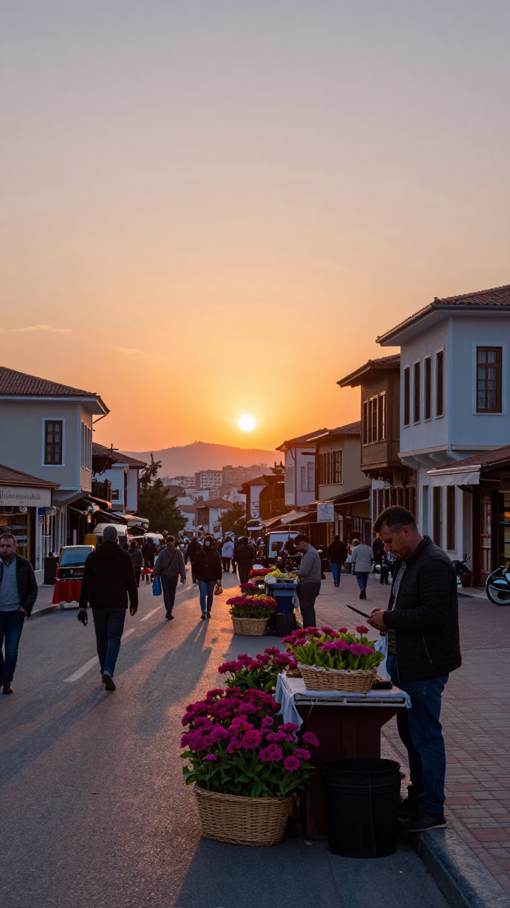 Colorful Sunset Street Scene in Izmir Turkey with Local Vendors and Traditional Architecture in in Izmir, Turkey