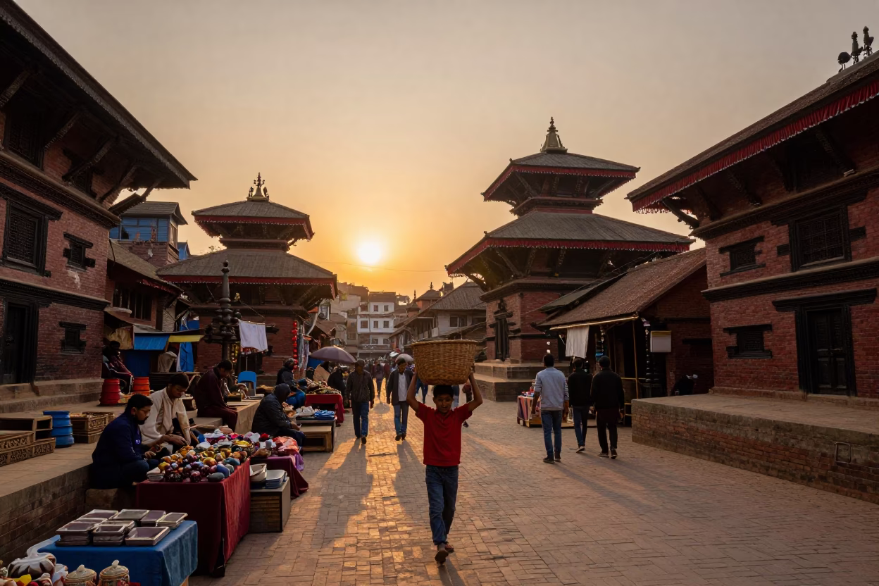 Colorful Sunset Street Scene in Kathmandu Nepal with Traditional Market Goods and Daily Life in in Kathmandu, Nepal