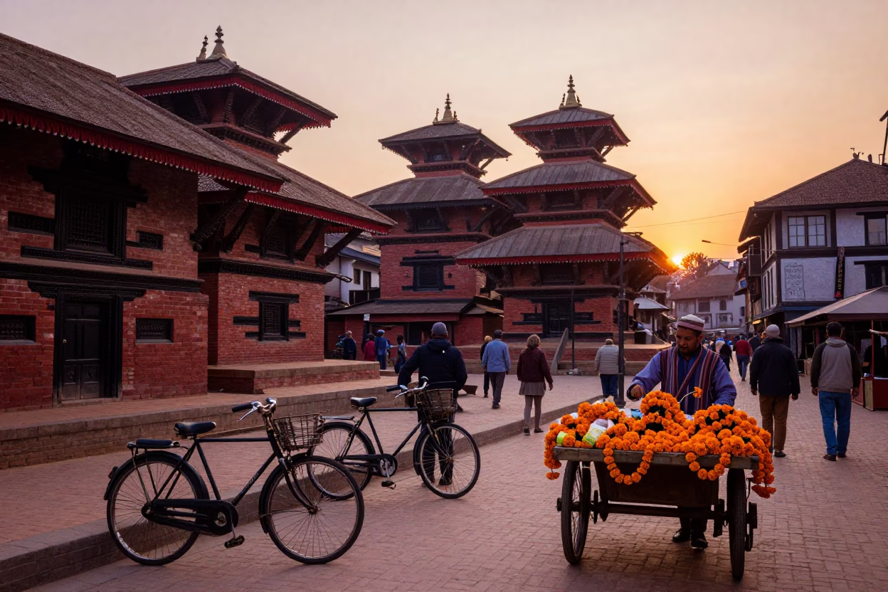 Colorful Sunset Street Scene in Kathmandu Nepal with Vintage 1950s Charm in in Kathmandu, Nepal