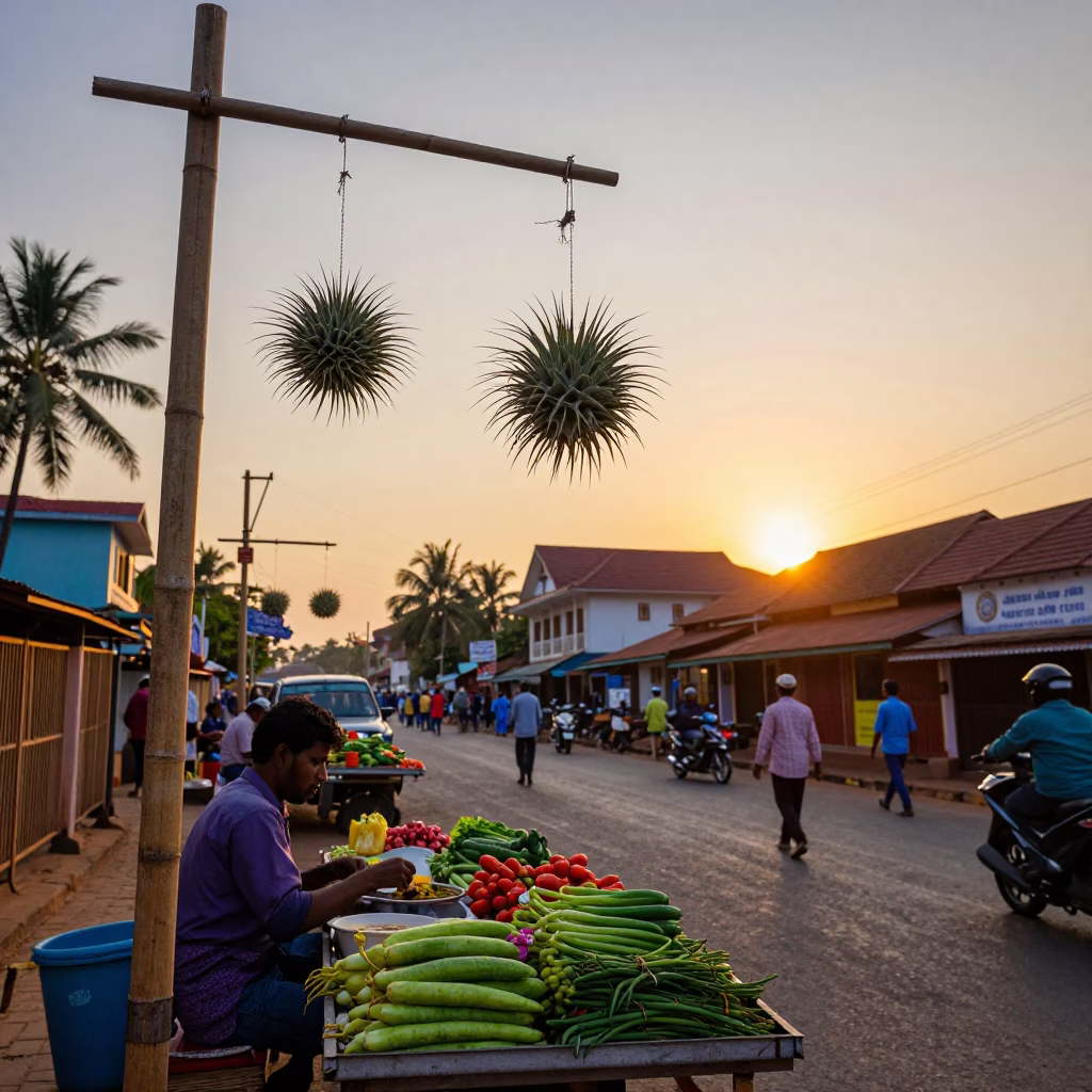 Colorful Sunset Street Scene in Kochi India with Local Vendor and Hanging Plants in in Kochi, India