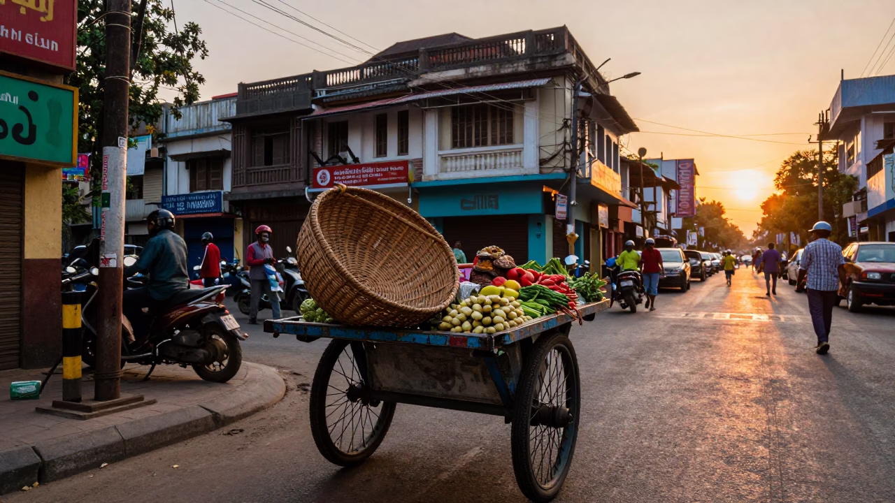 Colorful Sunset Street Scene in Kolkata India with Vintage Basket and Brass Latch Details in in Kolkata, India