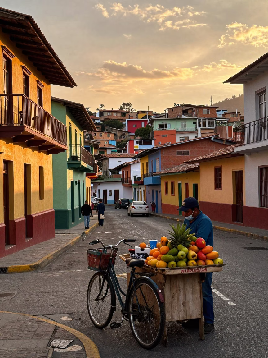 Colorful Sunset Street Scene in Medellin Colombia with Bicycle Basket and Fruit Vendor in in Medellin, Colombia