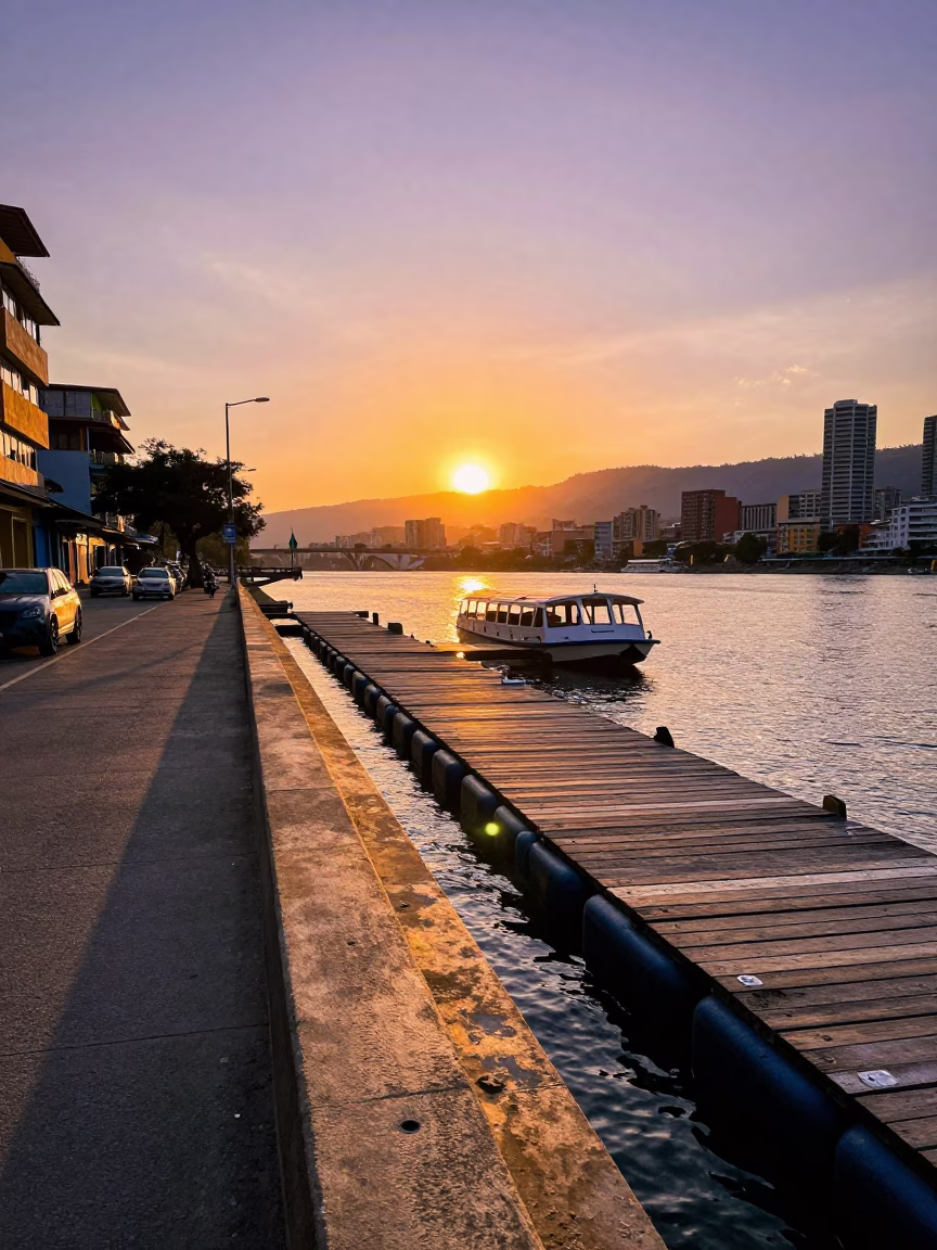 Colorful Sunset Street Scene in Medellin Colombia with Floating Dock and Houseplants in in Medellin, Colombia