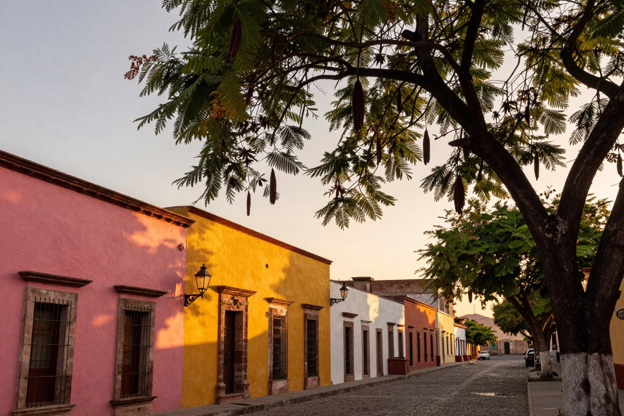 Colorful Sunset Street Scene in Merida Mexico with Tamarind Tree and Boot Scraper in in Merida, Mexico
