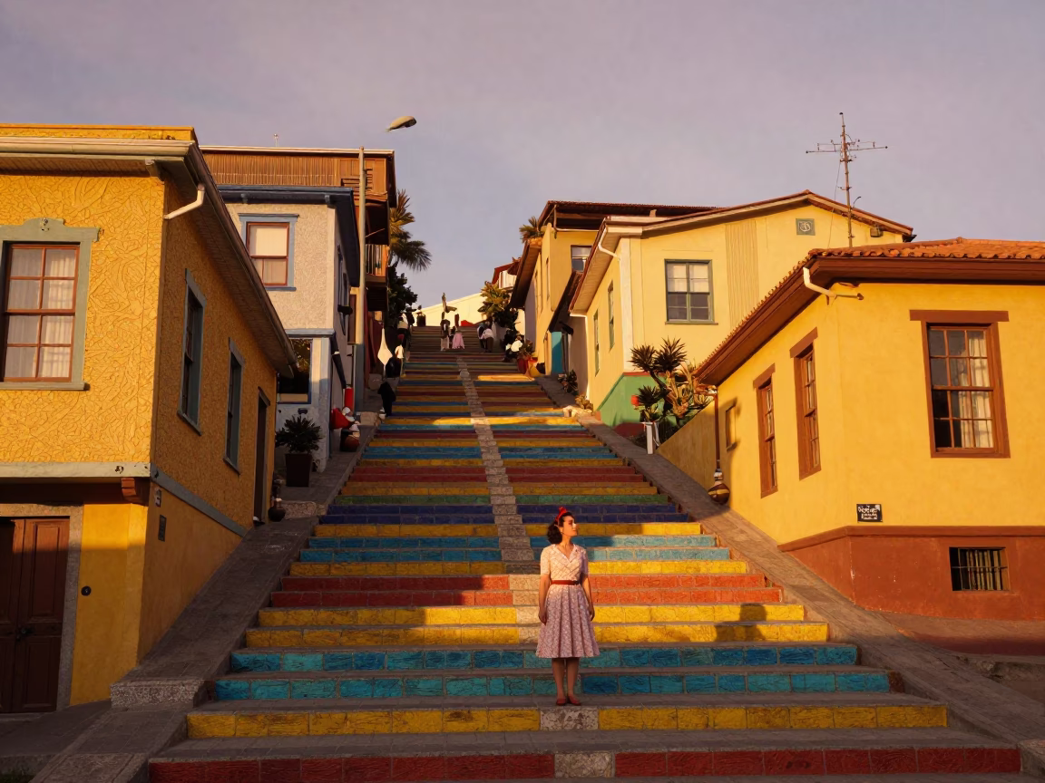 Colorful Sunset Street Scene in Valparaiso Chile with Vintage Details in in Valparaiso, Chile