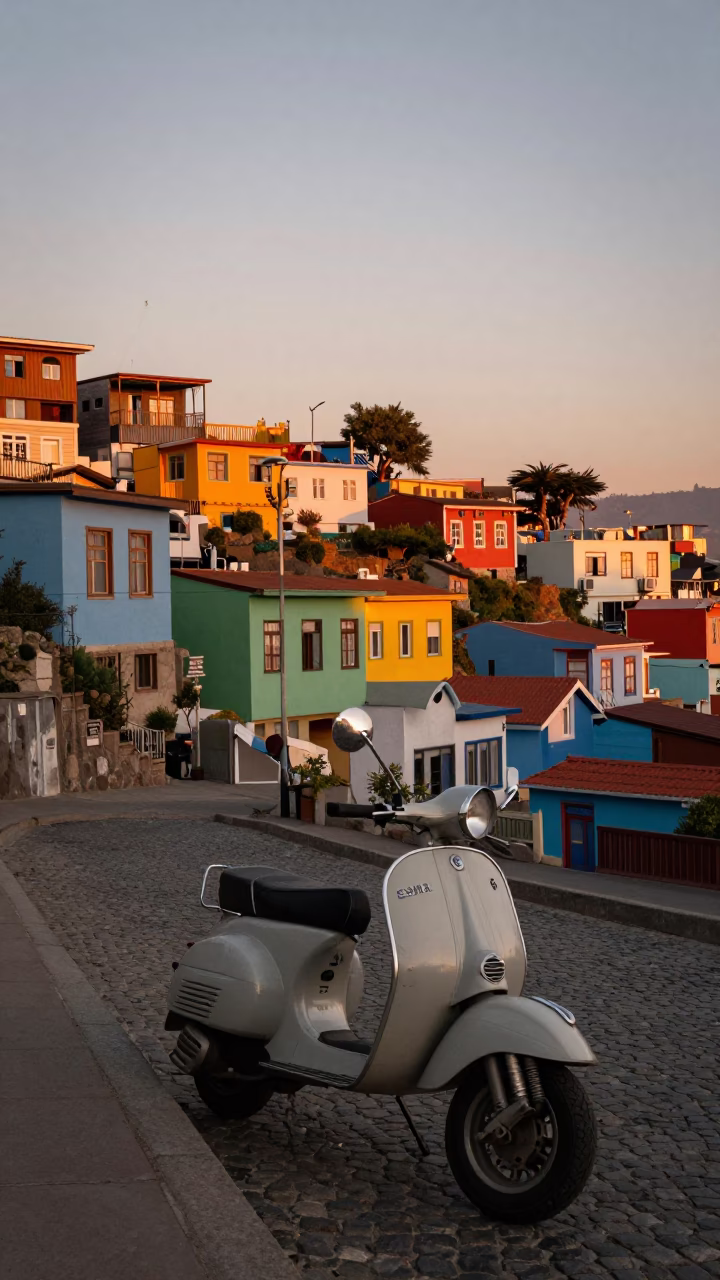 Colorful Sunset Street Scene in Valparaiso Chile with Vintage Scooter and Local Life in in Valparaiso, Chile