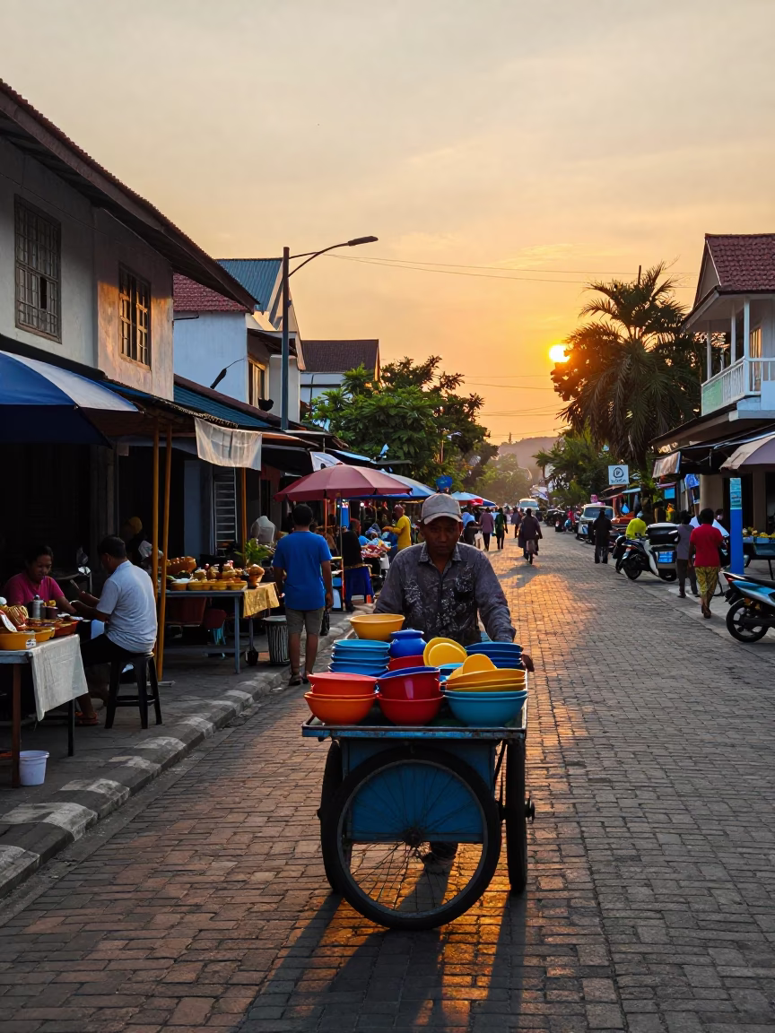 Colorful Sunset Street Scene in Yogyakarta Indonesia with Local Food and Daily Life in in Yogyakarta, Indonesia