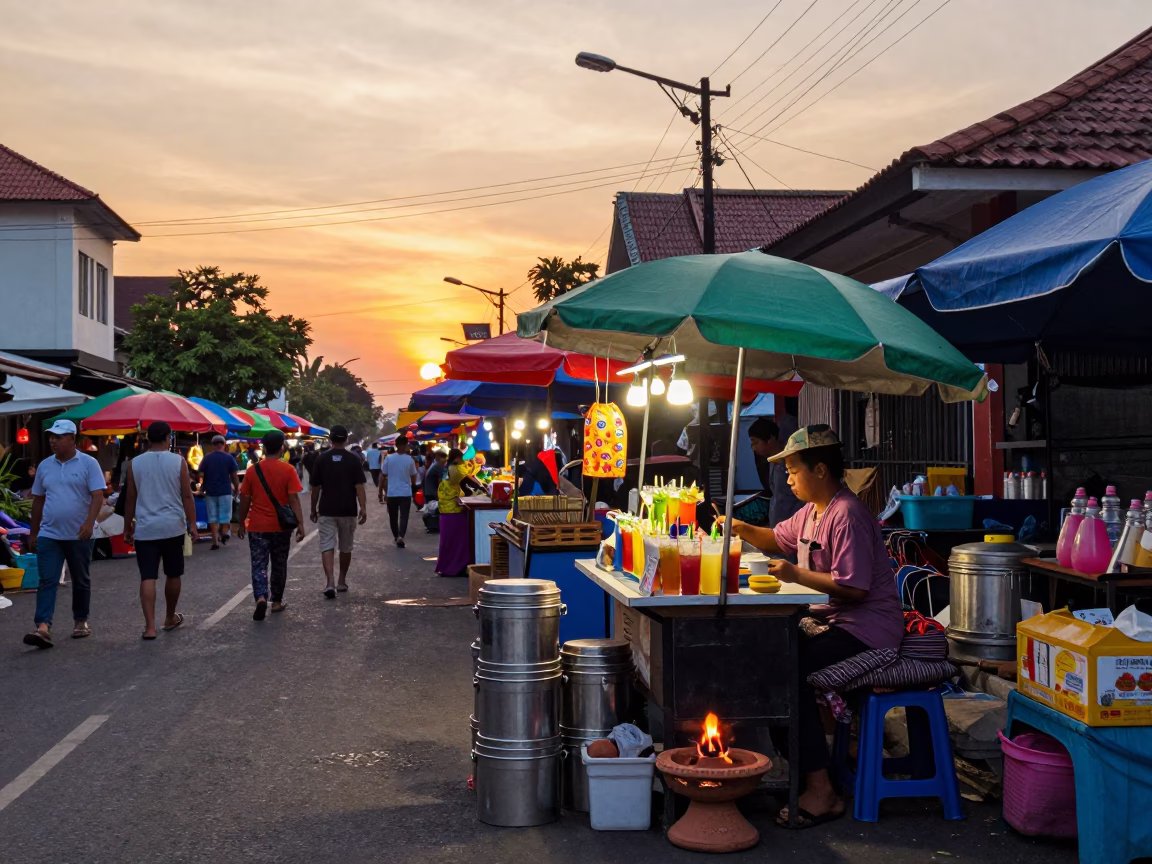 Colorful Sunset Street Scene in Yogyakarta Indonesia with Local Market Vendors and Traditional Decor in in Yogyakarta, Indonesia