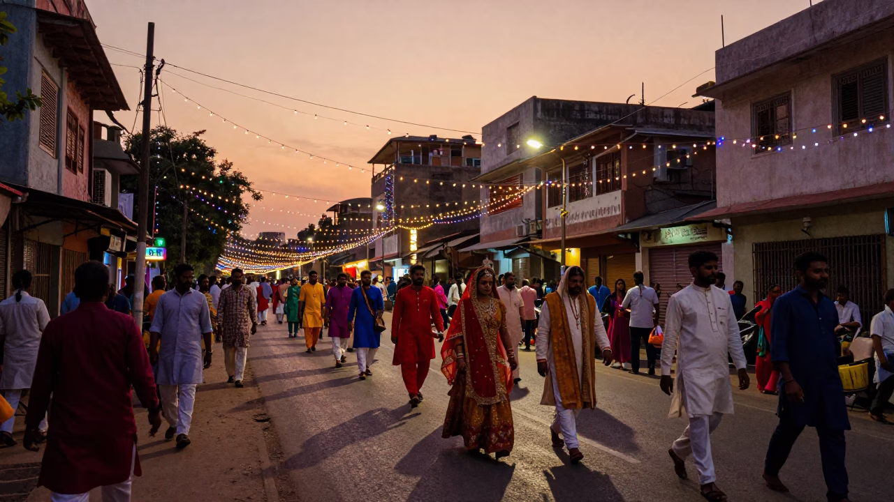Colorful Sunset Wedding Procession in Hyderabad India with String Lights and Iron Hooks in in Hyderabad, India