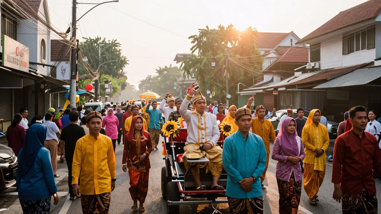 Colorful Surabaya Indonesia Morning Street Scene with Traditional Wedding Procession and Local Traffic in in Surabaya, Indonesia