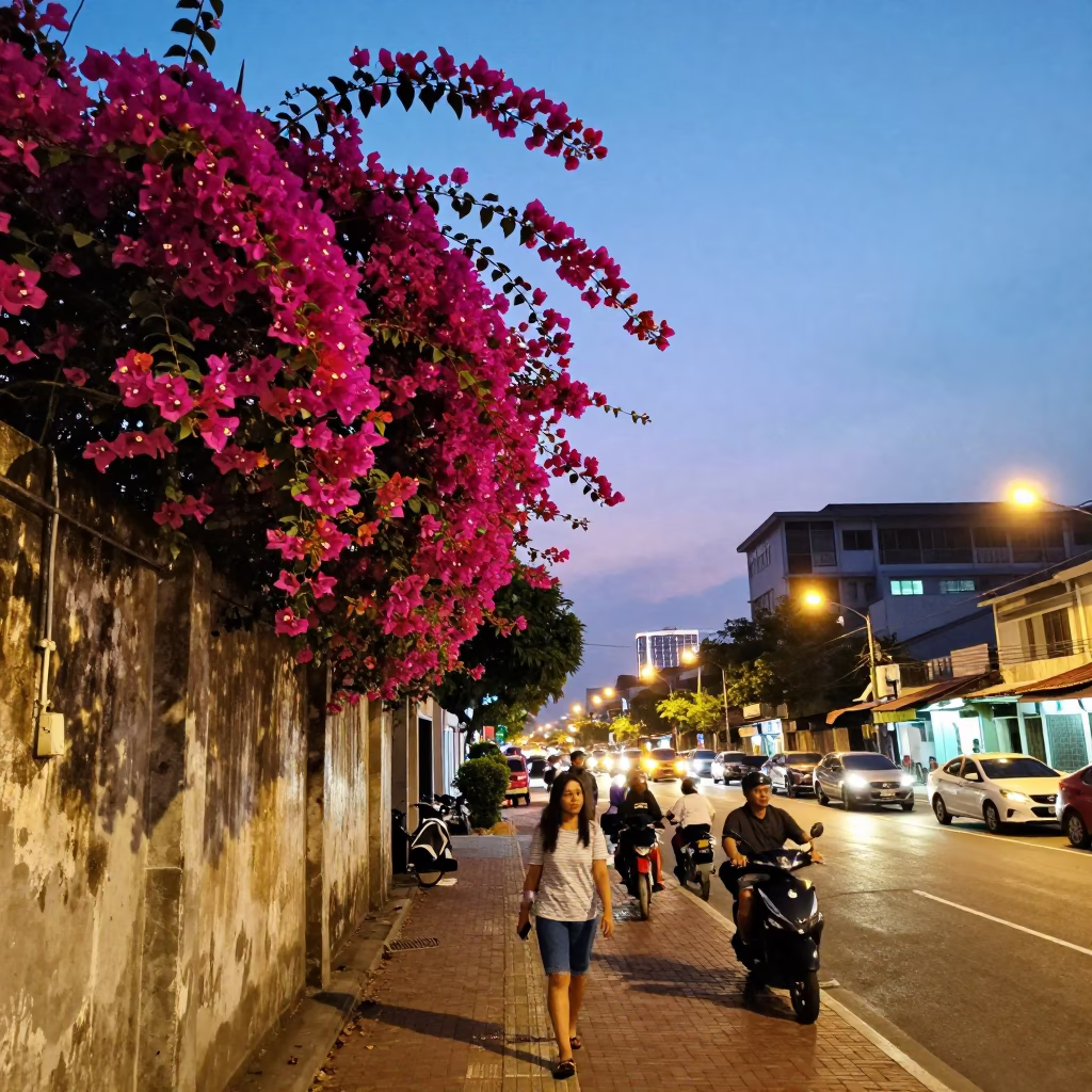 Colorful Surabaya Indonesia Street Scene at Dusk with Bougainvillea and City Lights in in Surabaya, Indonesia